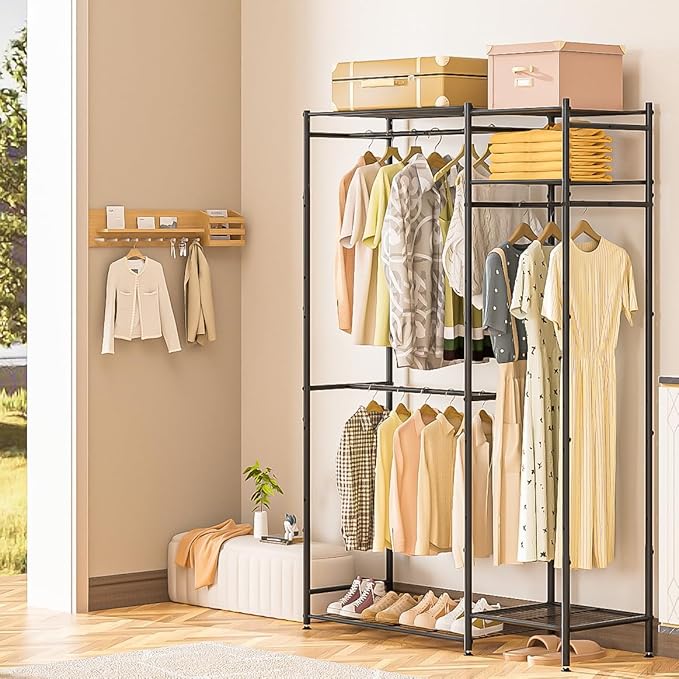 Neprock Portable Closets for Hanging Clothes, Freestanding Clothing Rack with 3 Hang Rods & 5 Shelves, Metal Wardrobe Garment Rack for Bedrooms