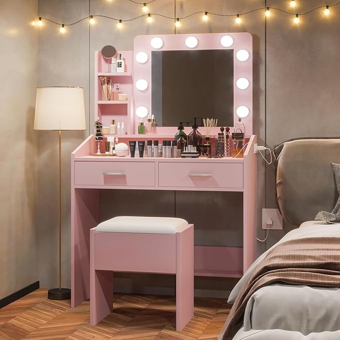 Vanity Desk with Lights and Mirror - Makeup Vanity Set with Power Outlet & USB Ports, 3 Lighting Modes, Adjustable Brightness, Includes 2 Drawers and Cushioned Stool, Small Dressing Table for Bedroom
