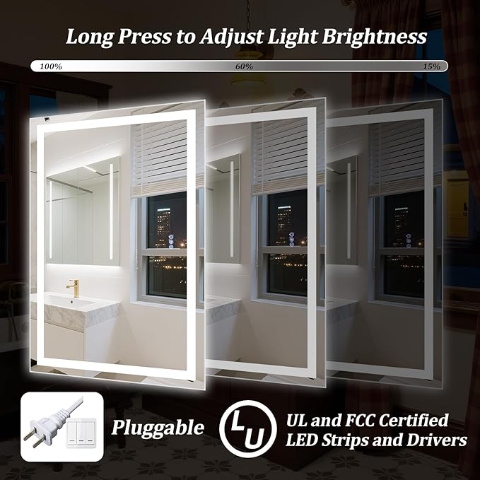 60"x40" Large Smart LED Bathroom Mirror - Dimmable Brightness, Backlit & Frontlit Lighting, 3 Color Modes, Anti-Fog, Memory Function, Wall Mounted Lighted Vanity Makeup Mirror