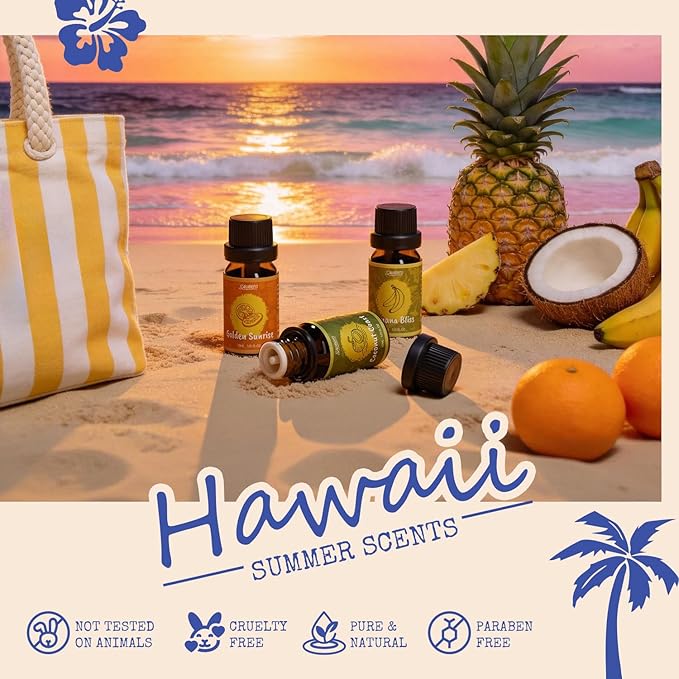 SALUBRITO Hawaii Fragrance Oils Set, Summer Essential Oils for Diffuser, Candle, Soap Making, Tropical Breeze, Island Life, Banana Bliss, Twilight Grape, Coconut Coast, Golden Sunrise Scented Oil