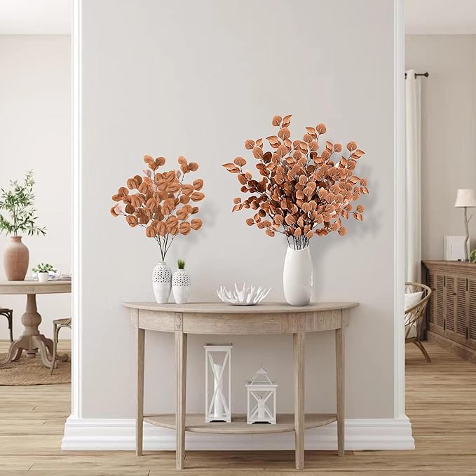 Sggvecsy 6 Pcs Fall Artificial Eucalyptus Stems Long Silver Dollar Leaves Fake Silk Eucalyptus Leaf Branches for Indoor Home Autumn Festival Thanksgiving Decor(Dark Brown)