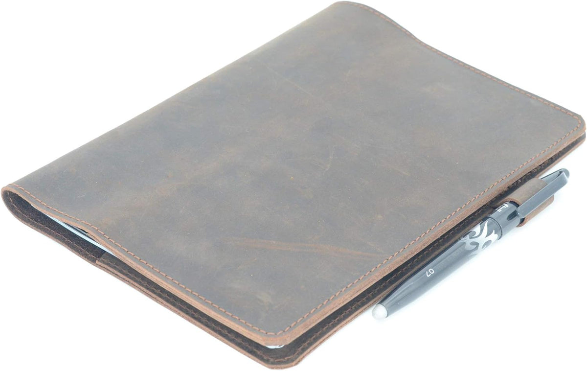 JJNUSA Compatible with Rocketbook Cover Smart Business Genuine Leather Notebook Cover for Everlast, Fusion, Wave, Moleskin A5 with Pen Loop & Business Card Holder, Executive 6" x 8.8" Darbrown