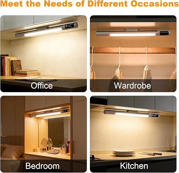 15.2" 2 Pack Motion Sensor Under Cabinet Lighting with Digital Display, 4 Brightness & 3 Color Temperatures, Rechargeable Led Under Cabinet Lights for Closet Cabinet Bedroom Hallway
