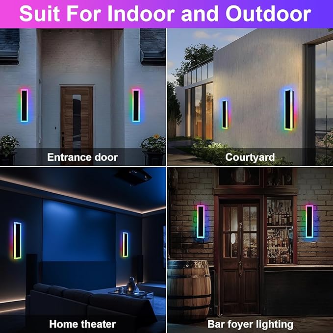 2 Pack RGB LED Outdoor Long Wall Lights,24 inch Modern Outdoor Light Fixture,Dimmable Exterior Linear Lighting Fixtures,RGB Long Linear Wall Light with Control Remote for Patio,Porch,Garage