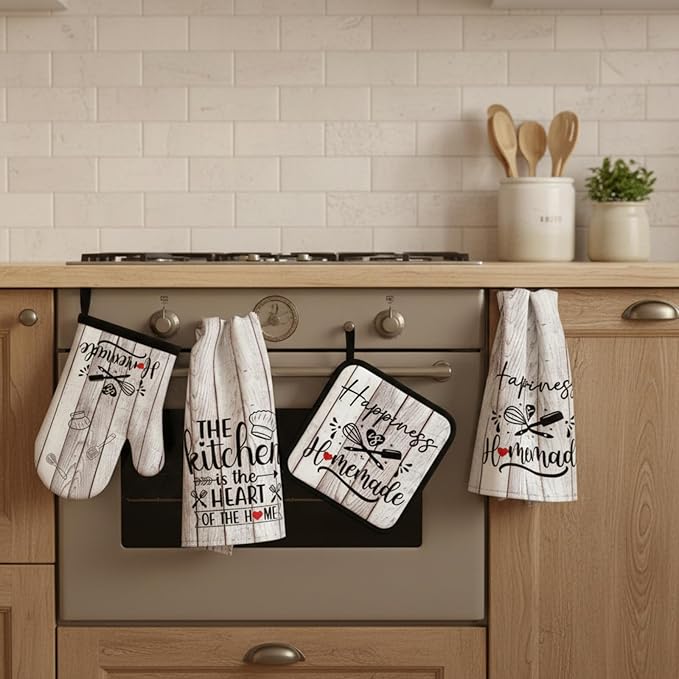 Sratte 6 Pcs Kitchen Decor Accessories Set Farmhouse Towels Pot Holders Oven Mitts Set 2 Dish Towels 2 Potholders 2 Cooking Mittens Oven Glove for Christmas Baking Cooking(White Wood Grain)