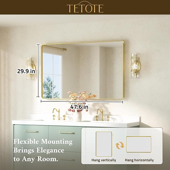 TETOTE Gold Framed Mirror 48 x 30 Vanity Mirrors for Wall Decor Brushed Gold Bathroom Mirrors, Tempered Glass, Modern Farmhouse Wall Mounted Mirror for Decorative(Horizontal/Vertical)