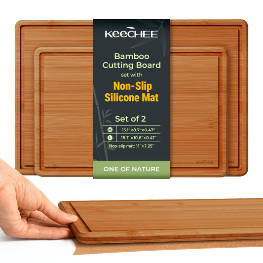 Keechee 2Pcs Cutting Board Set with Non-slip Mat, Bamboo Cutting Boards for Kitchen Meal Prep & Serving - Wood Serving Board Sets with Deep Juice Groove Ideal Kitchen Gifts