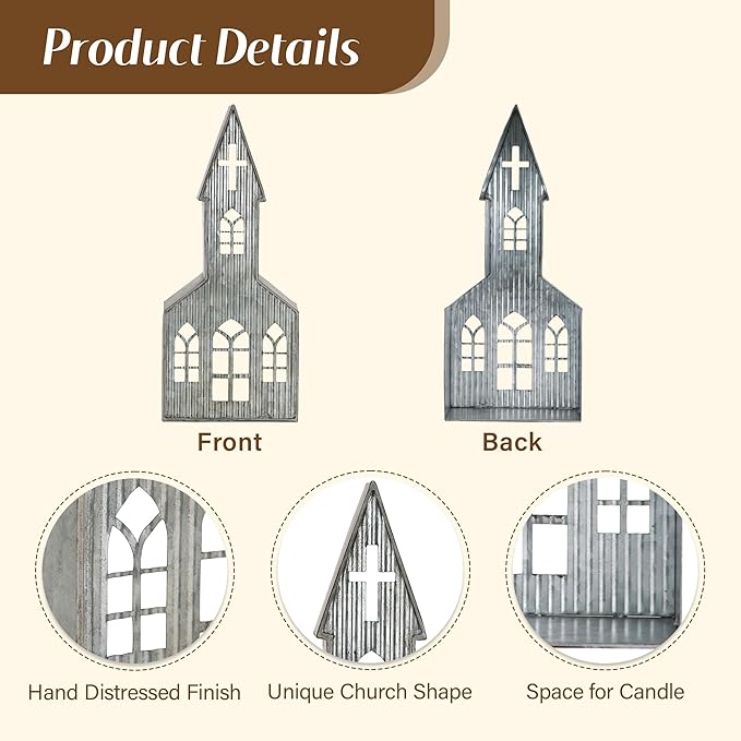 Church Shaped Tea Light Candle Holder Farmhouse Galvanized Metal Candle Holder Vintage Decorative Tealight Holder for Table Centerpiece Decoration - 5.51" x 2.36" x 12.8"