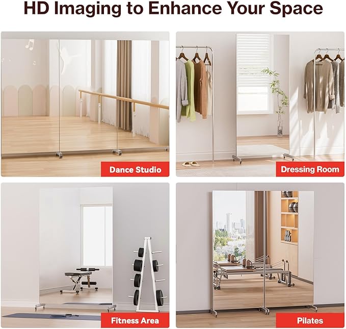 81" x 41" Standing Mirror Full Length with Wheels, Large Glassless Rolling Mirrors with Brakes, Shatterproof HD Imaging Thin Frame Full Body Mirror for Dance Studio/Home Gym, Silver