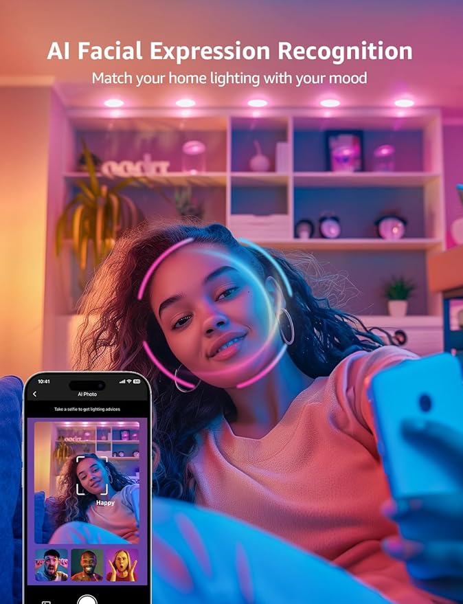 Lepro Bundle - R2 AI Smart LED Canless Light 6 Inch with Mood Recognition Music Sync, Group Control, 12W,1050 Lumen + 6 Pack 6 Inch LED Recessed Ceiling Light with Junction Box, 5000K Daylight