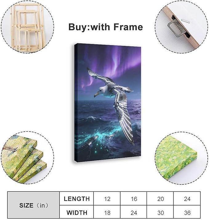 Framed Steampunk Mechanical Seagull Wall Art - Aurora Ocean Retro Poster for Bedroom Game Room Decor 12x18inch(30x45cm)