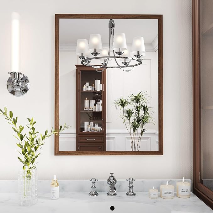 WEER Bathroom Mirror, 22x30 Inch Wall Mirror, Walnut Wood Grain Framed Mirror, Rectangle Vanity Mirror, Tempered Glass, Anti-Rust, Hangs Horizontally or Vertically