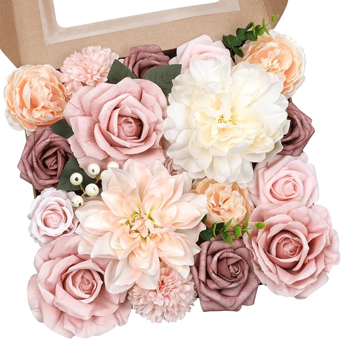 AmyHomie Blush Champagne Artificial Flowers Combo Silk Mix Peony Rose Fake Flowers w/Stem for DIY Wedding Bouquets Centerpieces Arrangements Table Fall Decor Party Bridal Baby Shower Home Decorations