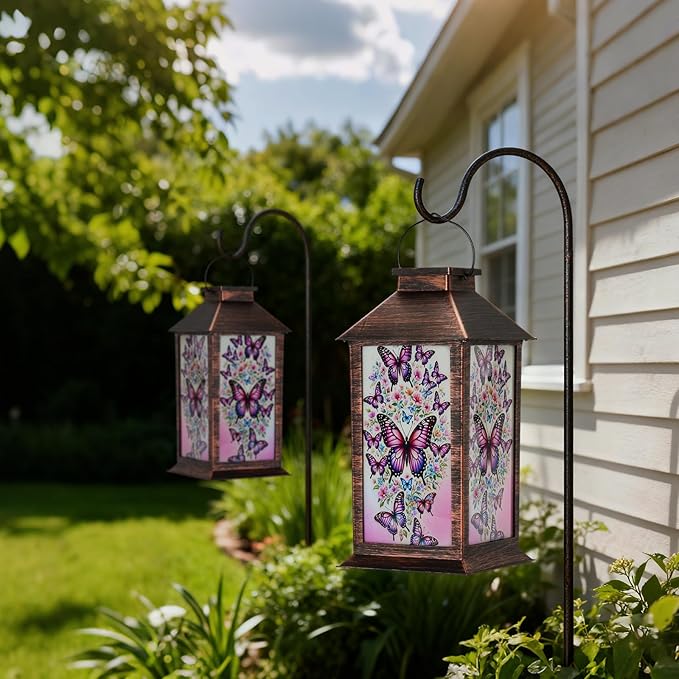 Homemory Hanging Solar Lanterns Outdoor Waterproof, Solar Butterfly Lights with LED Flickering Flameless Candles, Gifts for Women Mom, Outside Lantern Decoration Garden Yard Patio Lawn Porches Park