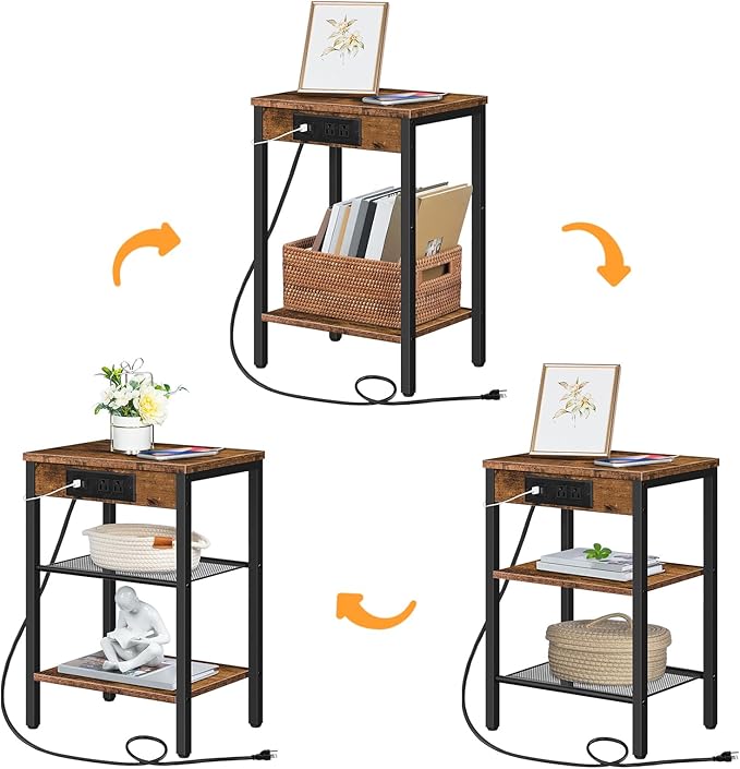 HOOBRO Side Table with Charging Station and USB Port, Small End Table for Small Space, 3-Tier Nightstand with Adjustable Shelf, for Living Room, Bedroom and Balcony, Rustic Brown BF112BZ01