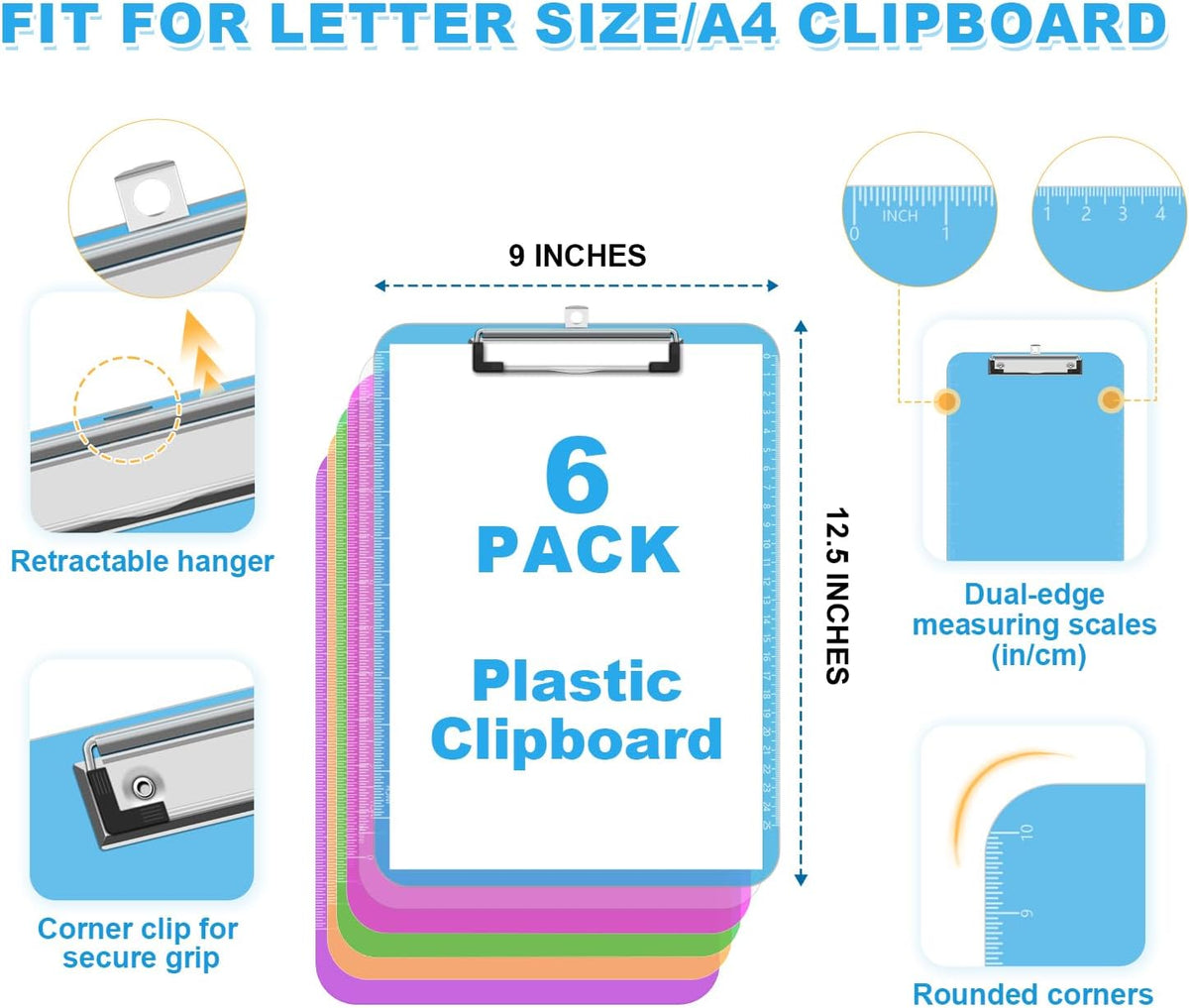 TOTiyea Clipboard (Set of 6), 12.5 x 9 Inch Multi Color, Plastic Clipboard with Low Profile Clip, 75 Sheets Capacity, Standard Letter Size A4