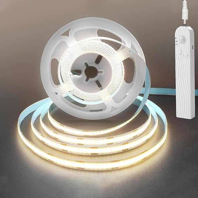 5V Motion Sensor COB LED Strip Lights,Time-Delay and Brightness Adjustable,Two Power Supply Options: Batteries(Not Included) or USB,9.84FT/3M,Natural White 4000K,320LED/M,for Kitchen Cabinet