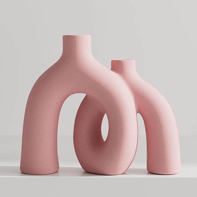 Hug Donut Decorative Vase Set - Light Pink Modern Glam Eclectic Style Vases Home Decor, Matte Ceramic Decorations for Living Room Shelf, Bookshelf Mantle Entryway Table or Console Décor(Pink)