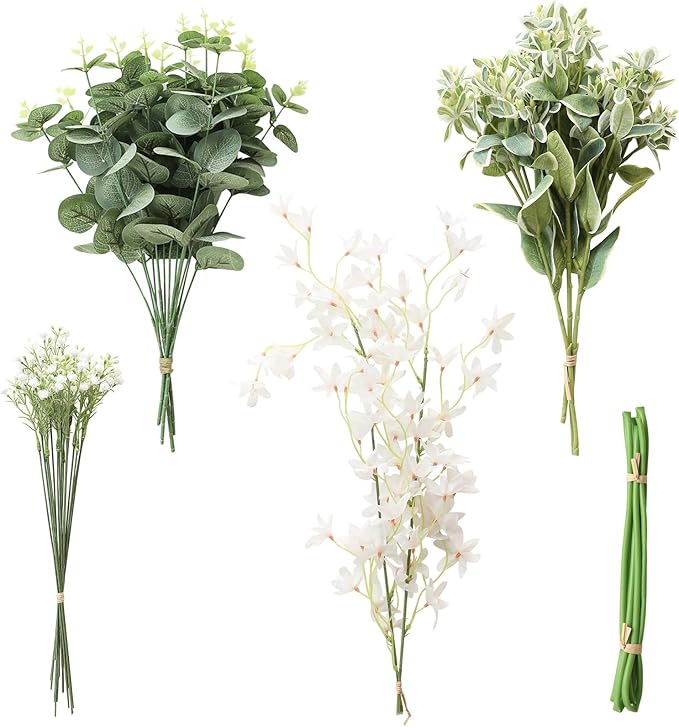 Floroom Artificial Greenery Stems Box Set, 25pcs with 4 Kinds of Faux Greenery Flowers Picks for DIY Bridal Bouquets Wedding Floral Arrangement Table Centerpieces, Tender Green & Sage Green