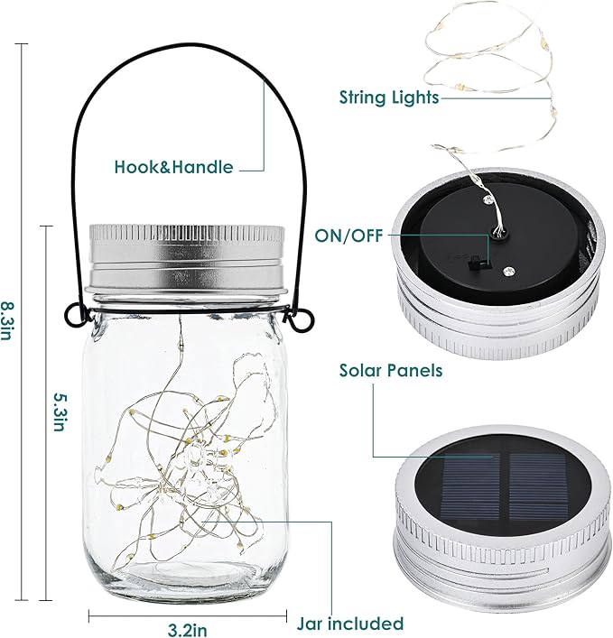 GIGALUMI Hanging Mason Jar Solar Lights, 6 Pack 30 Led Hanging Solar Lanterns Outdoor Waterproof, Hangers and Jars Included, Outdoor Decor for Balcony, Garden, Patio, Yard, Wedding