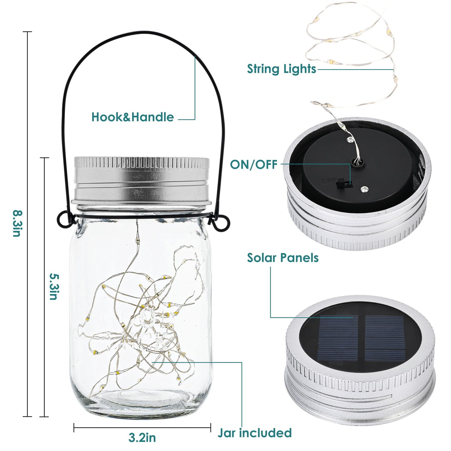 GIGALUMI Hanging Mason Jar Solar Lights, 6 Pack 30 Led Hanging Solar Lanterns Outdoor Waterproof, Hangers and Jars Included, Outdoor Decor for Balcony, Garden, Patio, Yard, Wedding