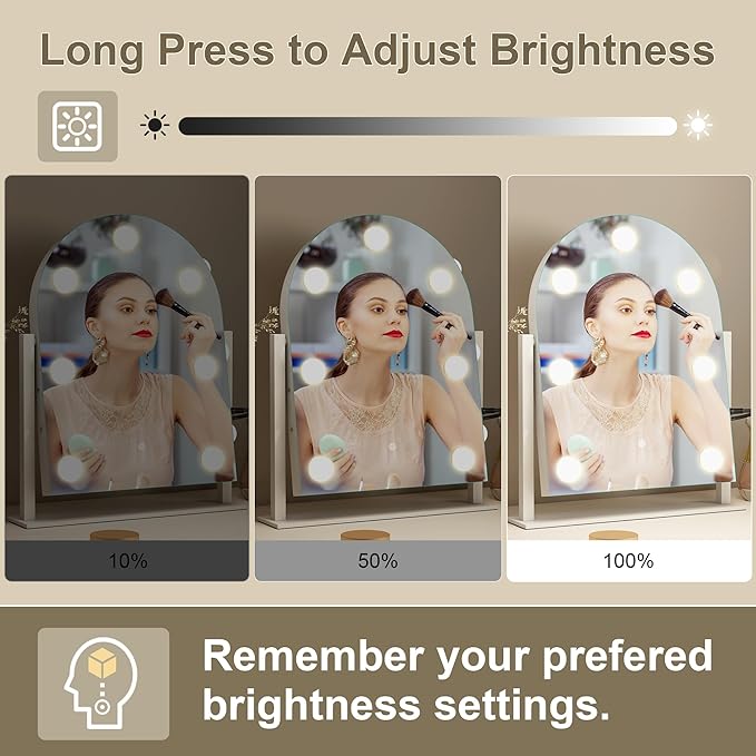 S'bagno Arched Vanity Mirror with Lights, 7 Dimmable LED Bulbs Hollywood Mirror, 3 Color Modes & Memory Function Makeup Mirror with Lights, Detachable 10X Magnification, Touch Control,USB-A(15''x12'')