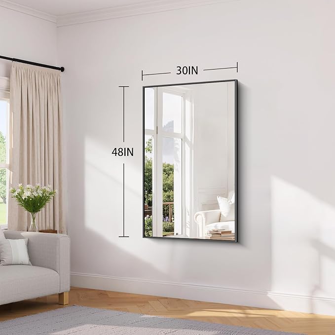 Koonmi Black Framed Bathroom Mirror - Shatterproof 30"x48" Tempered Glass, HD No Distortion, Horizontal/Vertical Mount, Modern Matte Aluminum Alloy Frame