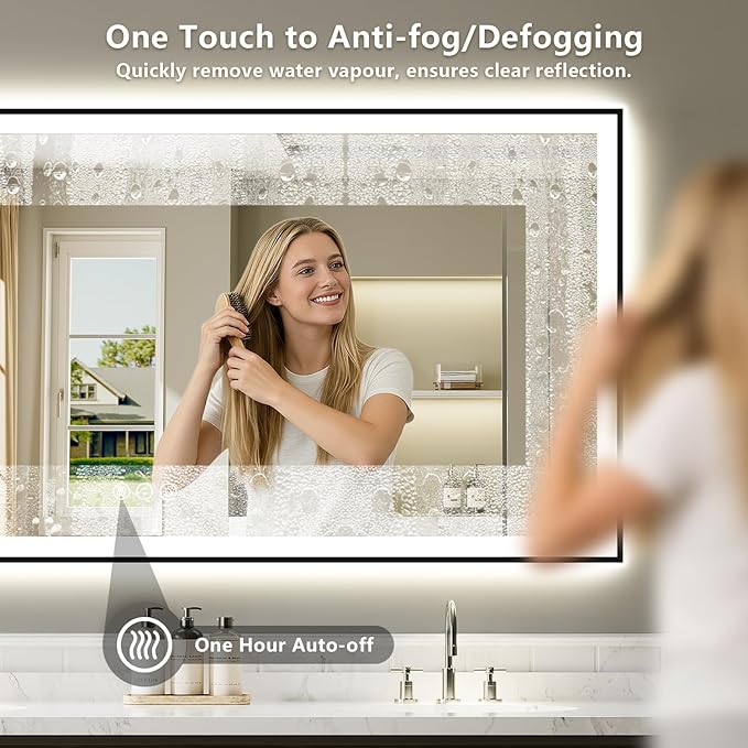 57x36 Inch LED Bathroom Mirror with Lights (Front Lit and Backlit) Black Framed Lighted Vanity Mirror for Bathroom Wall Dimmable Anti-Fog Memory Tempered Glass Horizontal/Vertical