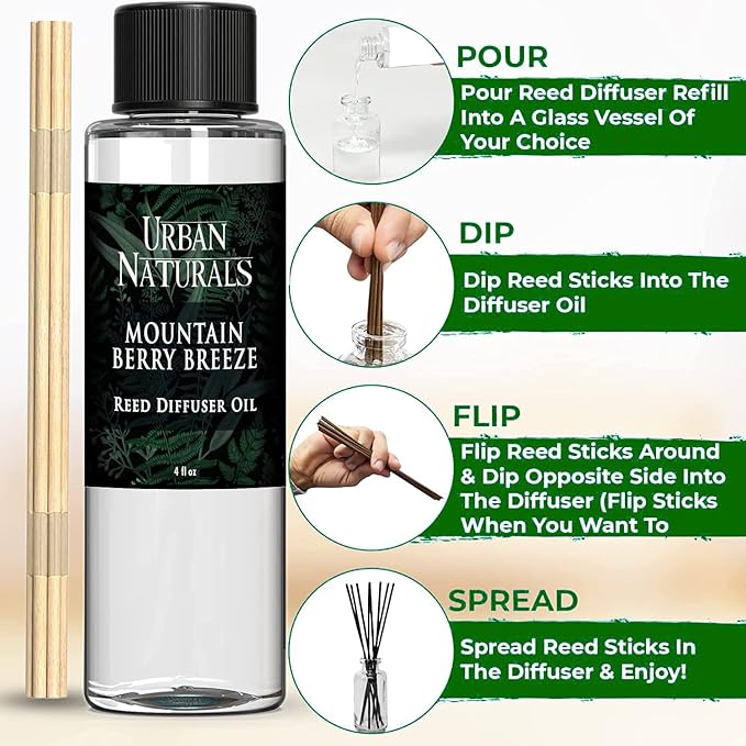 Urban Naturals Reed Diffuser Oil Refill, Mountain Berry Breeze Diffuser Oils with Juniper, Jasmine, Apple, 4 oz + Free Reed Sticks, Made in the USA