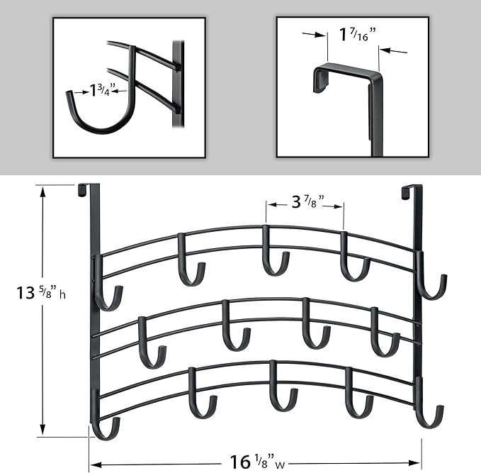 LYNK Professional® Home™ Over The Door Hooks - 14 Hook Over The Door Hanger - Over Door Coat Rack - Hanging Towels or Clothes - Bathroom, Bedroom or Laundry Room - Lifetime Ltd. Warranty – Black