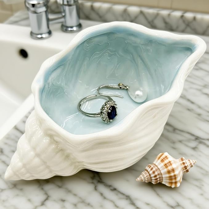 Conch Jewelry Dish Ceramic Jewelry Tray, Small Shell Jewelry Holder Dish Ring Plate, Beach Shell Ring Dish, Coastal Ocean Nightstand Decor Jewelry Plate Tray, Key Bowl Seashell Trinket Dish