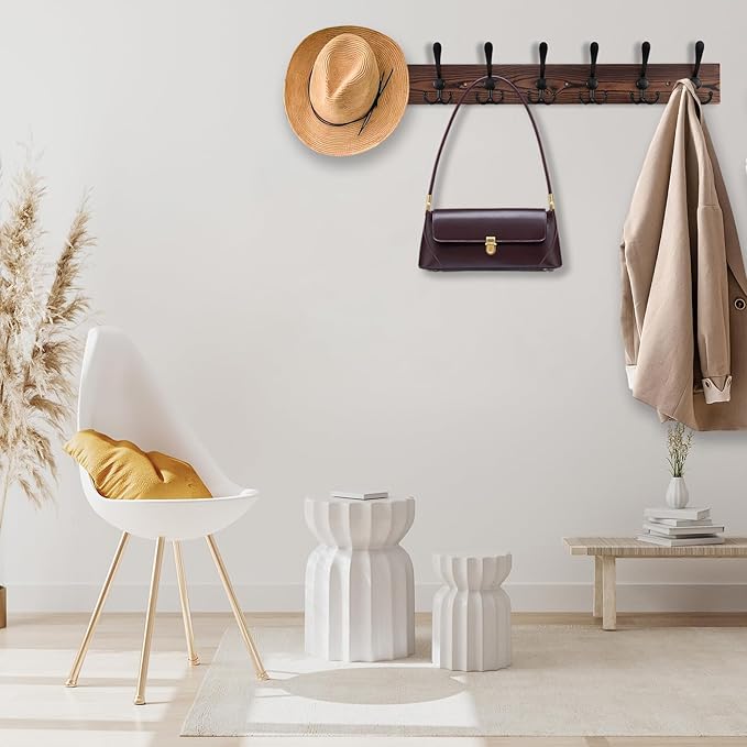 32.2'' Large Coat Rack Wall Mount Coat Hooks Coat Hanger with 8 Metal Black Triple- Hooks Brown Pine Real Wood Plank Hat Rack for Wall Hooks for Hanging Coat Hat Jacket
