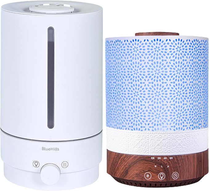 BlueHills Premium Set of Two Large 5000 ML XL and 2500 ML Essential Oil Diffusers Humidifier Combo for Large Room Home with Décor LED Lights Great Gift – Value Pack of White and Dark Wood Grain