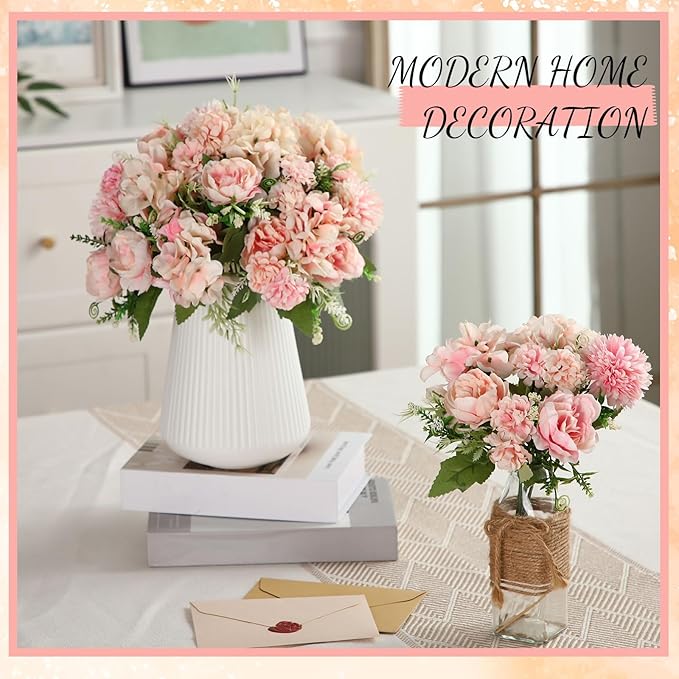 Tigeen Artificial Flowers Artificial Peonies Silk Flowers Faux Peony Fake Peony Silk Hydrangea Bouquet for Wedding Table Centerpiece Floral Vase Decor(Pink,24 Bundles)
