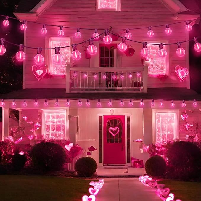 LAMPHOME 2 Pack 26FT G40 Pink Valentine's Day LED String Lights, 13 Shatterproof Globe Bulbs, Outdoor Hanging Patio Lights for Home Balcony Backyard Wedding Party Decor