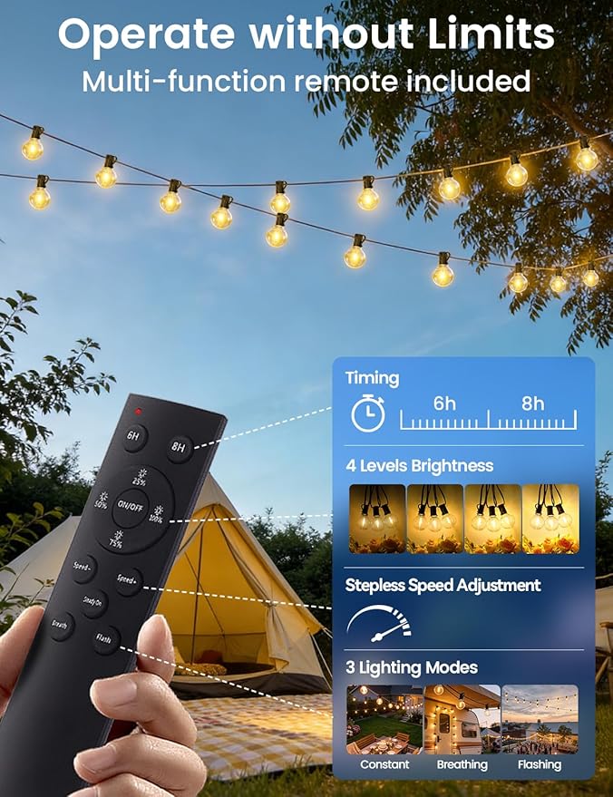 Brightever 100FT Solar String Lights Outdoor with Remote and 36+2 LED Shatterproof G40 Bulbs, Dimmable & Timable, 3 Lighting Modes, Waterproof Solar Power Outdoor Lights for Patio, Garden, Wedding