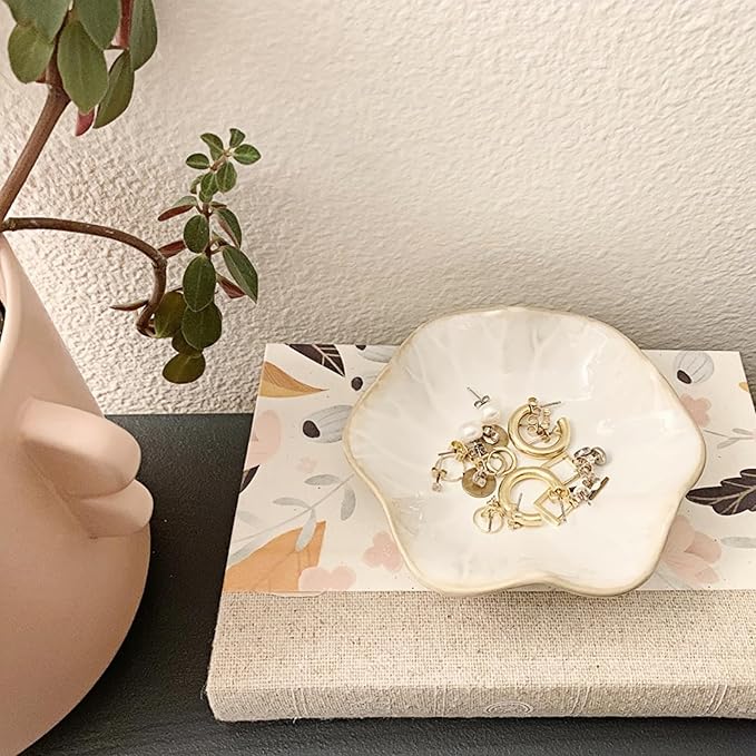 2Pcs Ceramic Jewelry Dish - Lotus Leaf Shape, for Ring Holder Necklace Small Key, Suitable for Mother Friend Sister, Gifts for Women, Cute Plate Trinket Tray, Home Decor (Pink & White)
