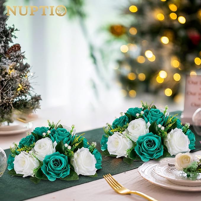 NUPTIO Flower Wedding Centrepieces for Tables - 10 Pcs 9.5in Diameter Teal & White Artificial Flowers Rose Ball for Centerpieces Table - Fake Rose Arrangements for Weddings Birthday Party Decorations