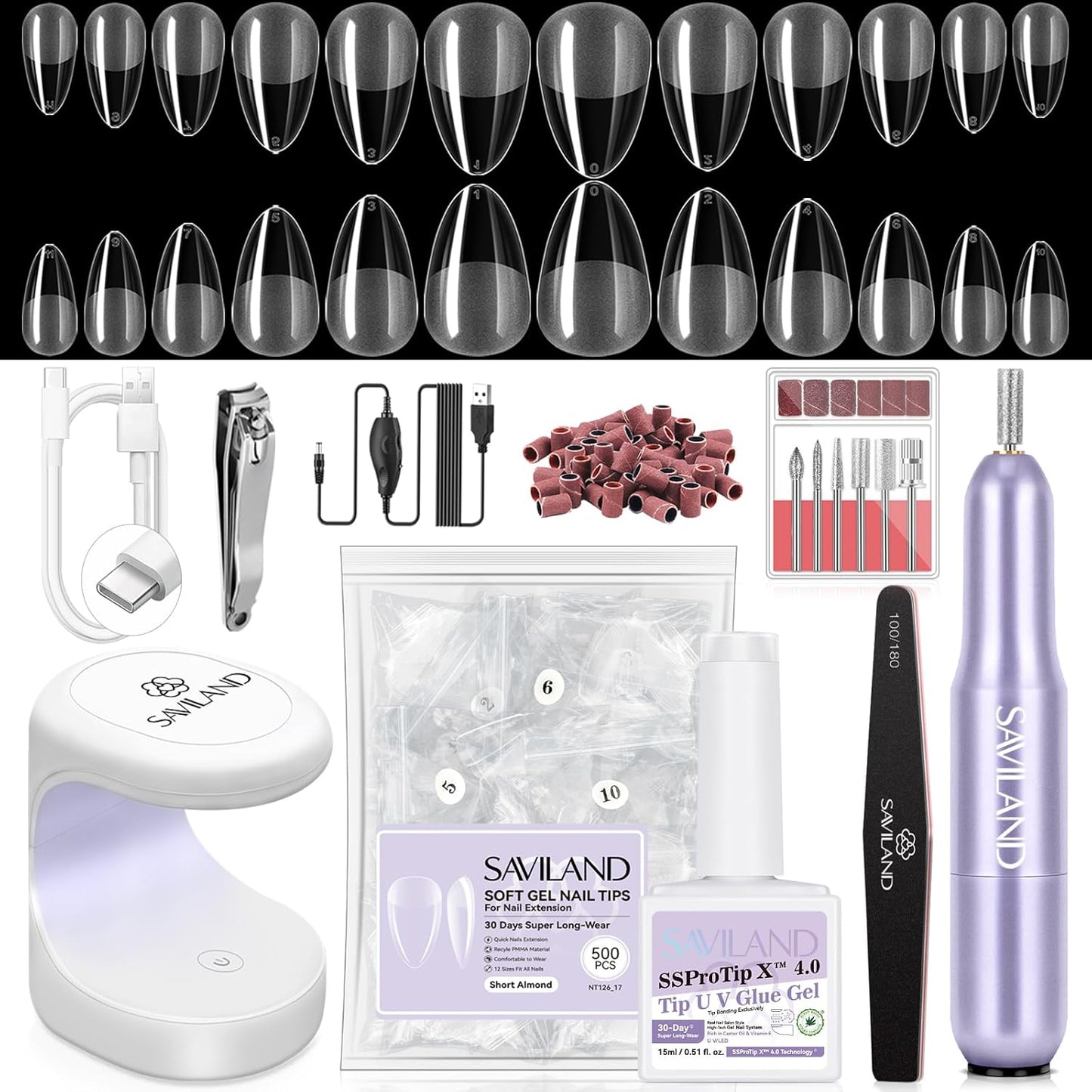 SAVILAND Pro Gel Nail Kit with Drill: Short Almond Tips 12 Sizes Gel Nail X Kit 500 PCS Strong Nail Glue U V Nail Lamp for Nail Extension Salon DIY Home Gift for Women