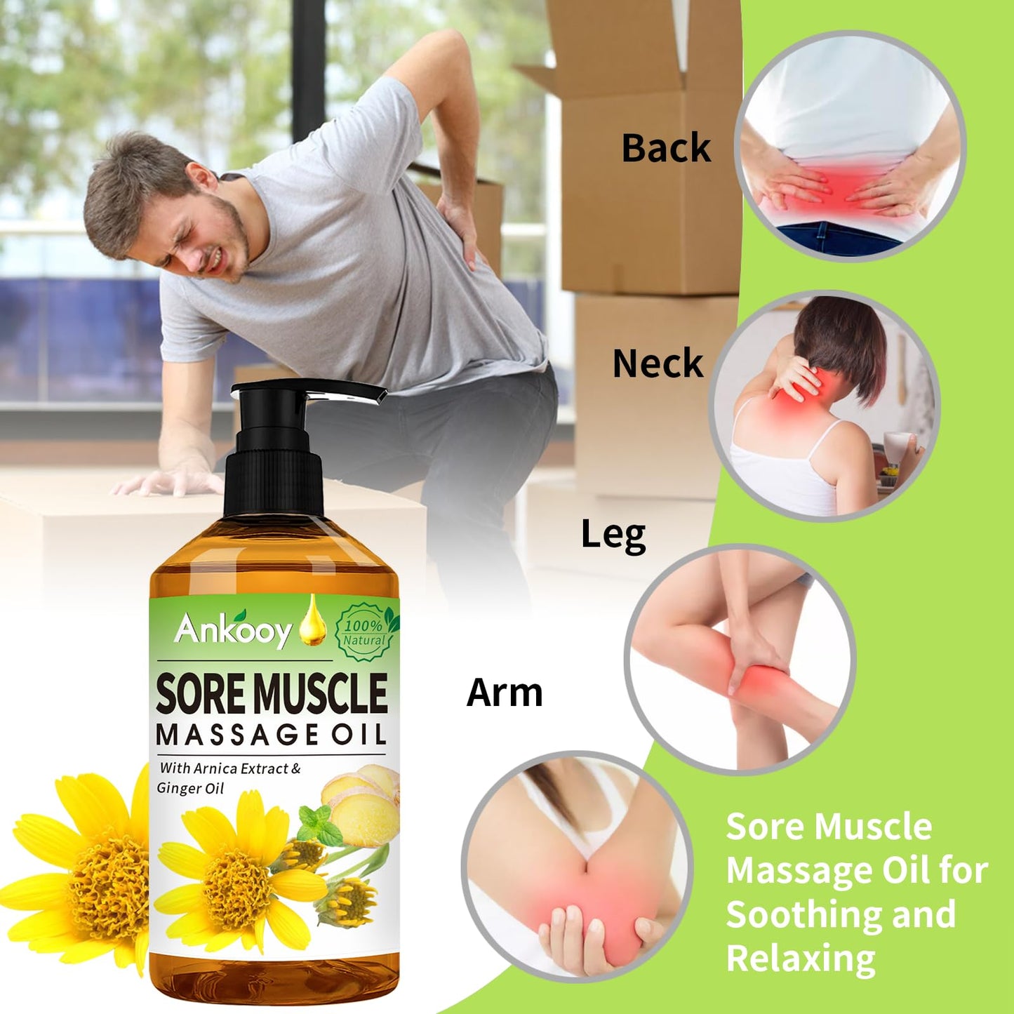 3 Pack Massage Oil for Massage Therapy,Sore Muscle Arnica Oil & Relaxing Lavender Oil & Ginger Oil Lymphatic Drainage & Massage Ball,Lymphatic Drainage Massager Body Oil,Massage Kit Gifts for Women