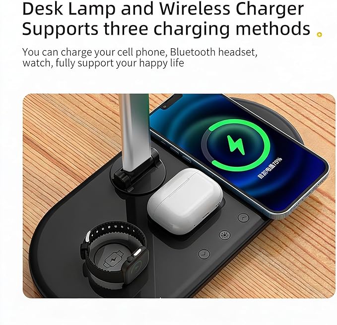3-in-1 Wireless Charging Desk Lamp,15W Qi Fast Charger for Phone/Watch/Earbuds,Adjustable LED Light with 3 Colors & Stepless Dimming,Flexible Gooseneck,Touch Panel,HYT2096 Black.