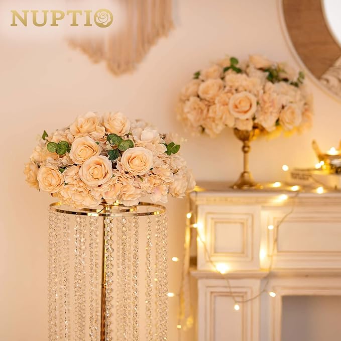 NUPTIO Flower Ball Arrangement Bouquet - 10 Pcs 15.7 inch Diameter Champagne Fake Flowers Roses Balls for Centerpieces Tables - Artificial Rose Arrangements for Wedding Centerpiece Table Decorations