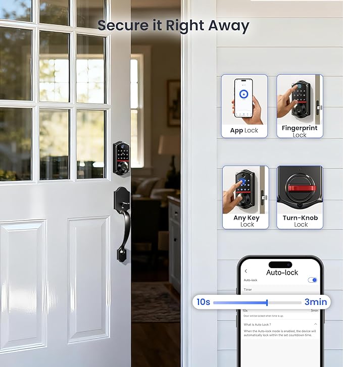 Veise VE017-H Fingerprint Smart Front Door Lock Set, App Control, 8-in-1 Keyless Entry Deadbolt with Zinc Alloy Handles, Emergency Power Port, Touchscreen Keypad, Auto Lock, Easy Install, Matte Black