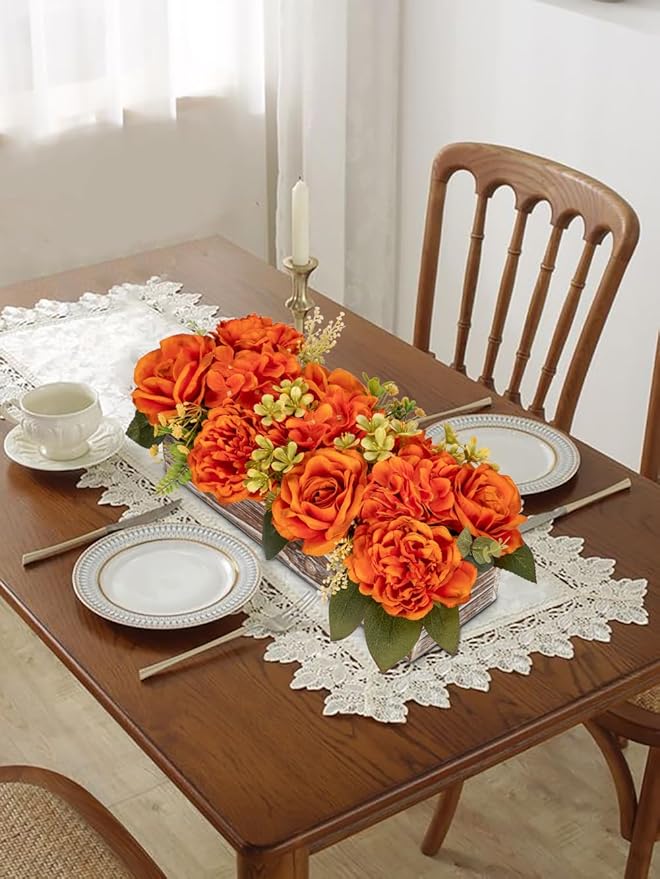 DILATATA Flower Arrangement with Wooden Vase 14" Artificial Flowers in Pot - Fake Flowers Roses Peonies Hydrangeas in Wooden Vase Potted Flower Centerpieces for Table Decor Living Room - Burnt Orange