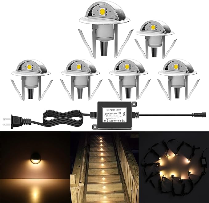 6 Pack LED Stair Lights Kit Low Voltage Waterproof IP65 Outdoor 1-2/5" Recessed Wood LED Deck Lighting Yard Garden Patio Step Landscape Pathway Decor Lamps,Warm White