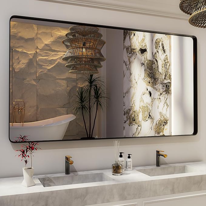 ISKM Black Framed Mirror for Wall 72"x 40", Large Bathroom Mirror Anti-Rust, Tempered Glass, Rounded Rectangle Mirror(Horizontal/Vertical)