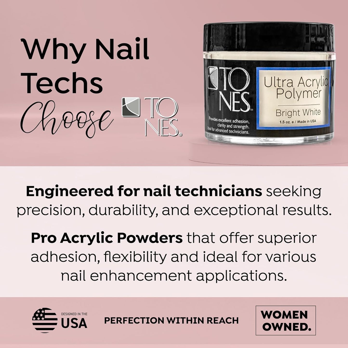 Tones Pro Acrylic Nail Powder, Sparkling Bright White (Opaque Off-White), (1.5 Fl Oz) - Long-Lasting & Non-Yellowing Polymer for Salon Quality Nail Extensions & 3D Art