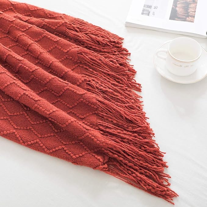BOURINA Rust Throw Blanket 60x80 Inches Throw Textured Solid Soft Sofa Throw Couch Knitted Decorative Blanket