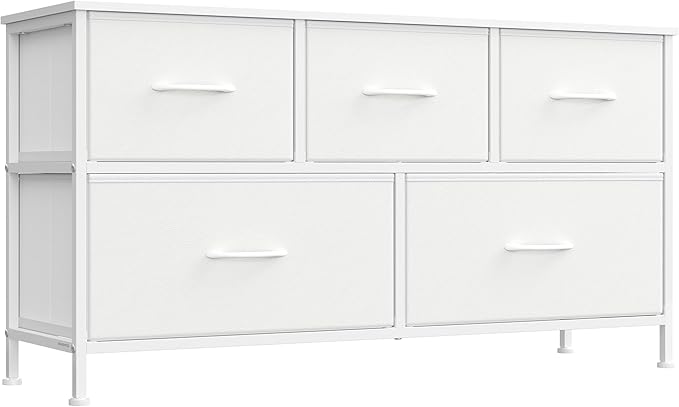 SONGMICS Dresser for Bedroom, Chest of Drawers, TV Stand, Steel, MDF, 5 Non-Woven Fabric Drawers, Storage Organizer Unit, Closet, Entryway, Cloud White and Snow White ULGS322W01S