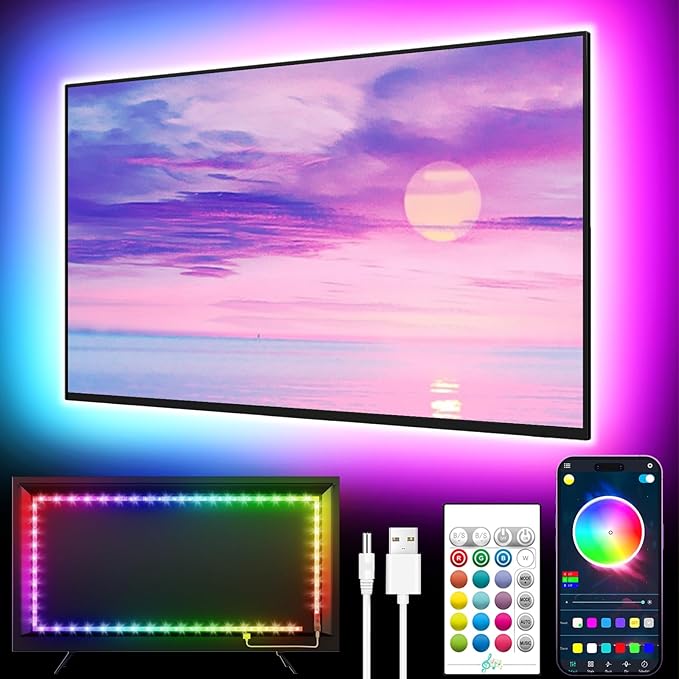 GIPOYENT LED Lights for TV, 16.4FT TV LED Backlight, for 45-75 Inch TV, Music Sync TV LED Light with Bluetooth Function - RGB Color Changing Light Strip for Bedroom (16.4ft)
